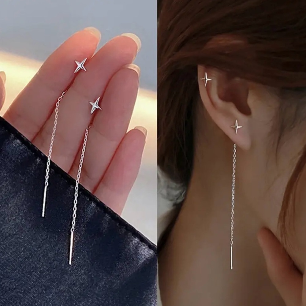 NEW silver Tassel Star Earrings, Long Dangle Earrings, Star Jewelry, celestial
